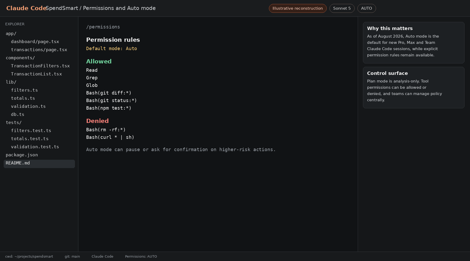  Illustrative Claude Code permissions view showing allowed and denied tools together with Auto mode controls.