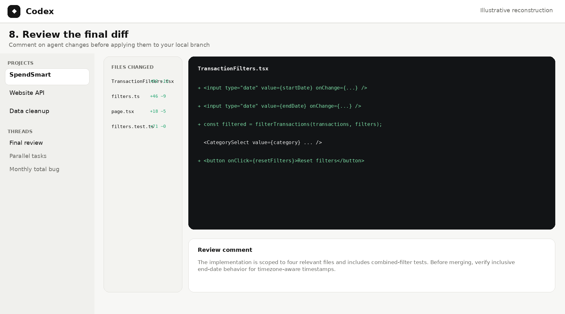 Illustrative Codex final diff review showing the agent changes available for developer inspection before merge.