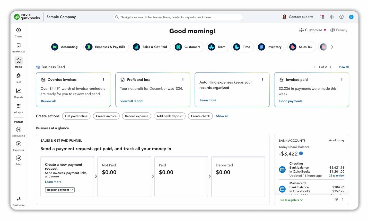 A user interface screenshot of the Intuit QuickBooks Online dashboard greeting "Good morning!". The modern layout features a Business Feed with financial insights like overdue invoices, create action quick buttons, and bank account balances on the side. 