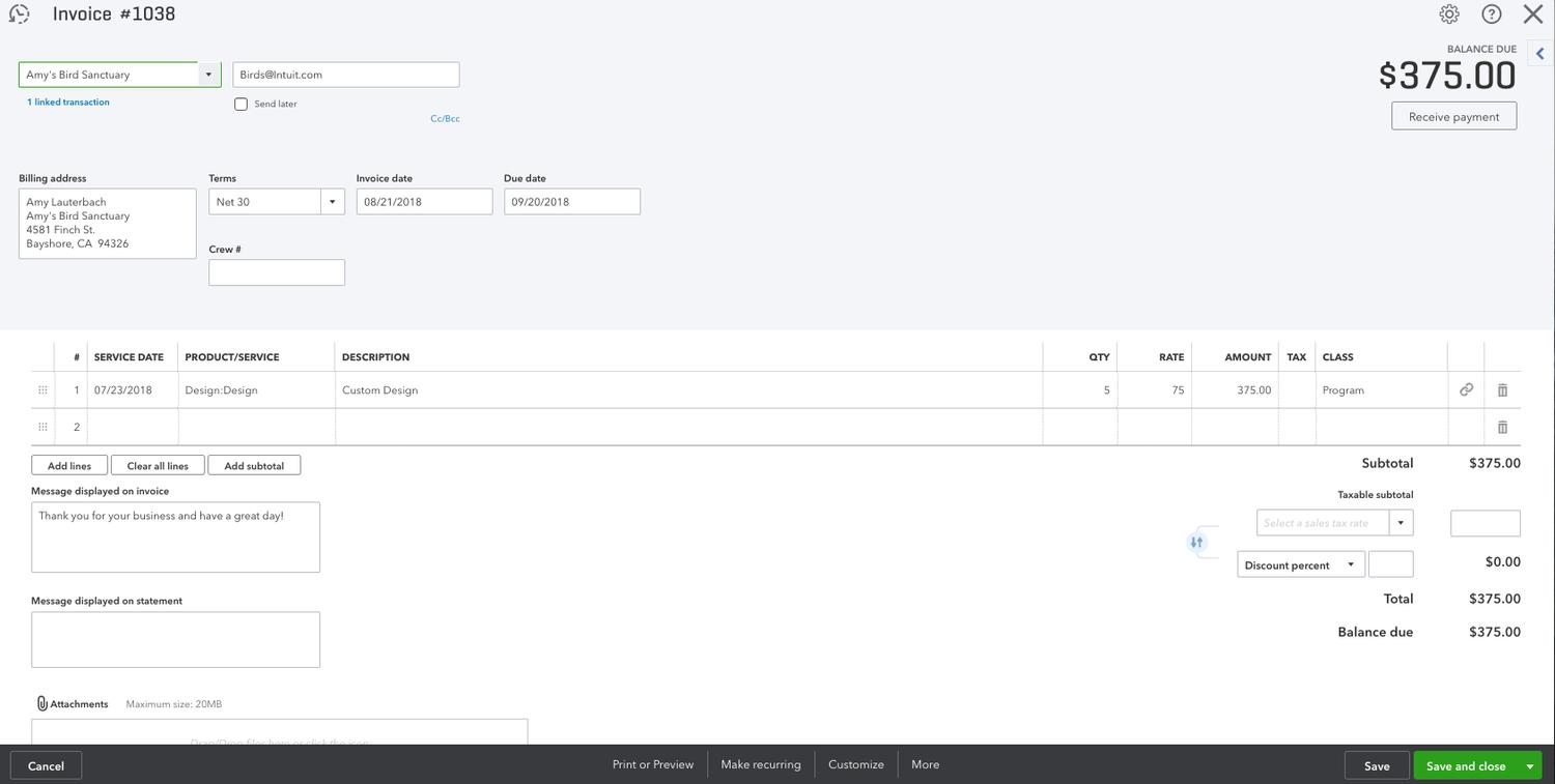 An invoice creation interface in QuickBooks Online for customer Amy's Bird Sanctuary, numbered 1038. It details a line item for custom design services totaling $375.00 with terms, dates, and action buttons along the bottom. 