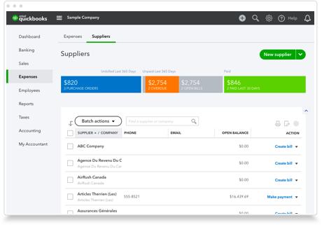 A Suppliers management dashboard in Intuit QuickBooks displaying summary cards for purchase orders, overdue bills, and paid items. Below, a listed directory shows supplier details like ABC Company and AirRush Canada with open balances and actions. 