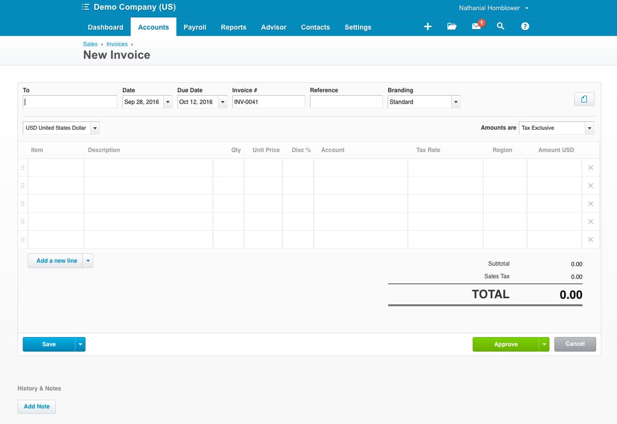A blank "New Invoice" screen in Xero accounting software for "Demo Company (US)". The interface includes fields for customer name, dates, invoice number INV-0041, line item details, currency, and total calculations, with "Approve" and "Save" options below. 