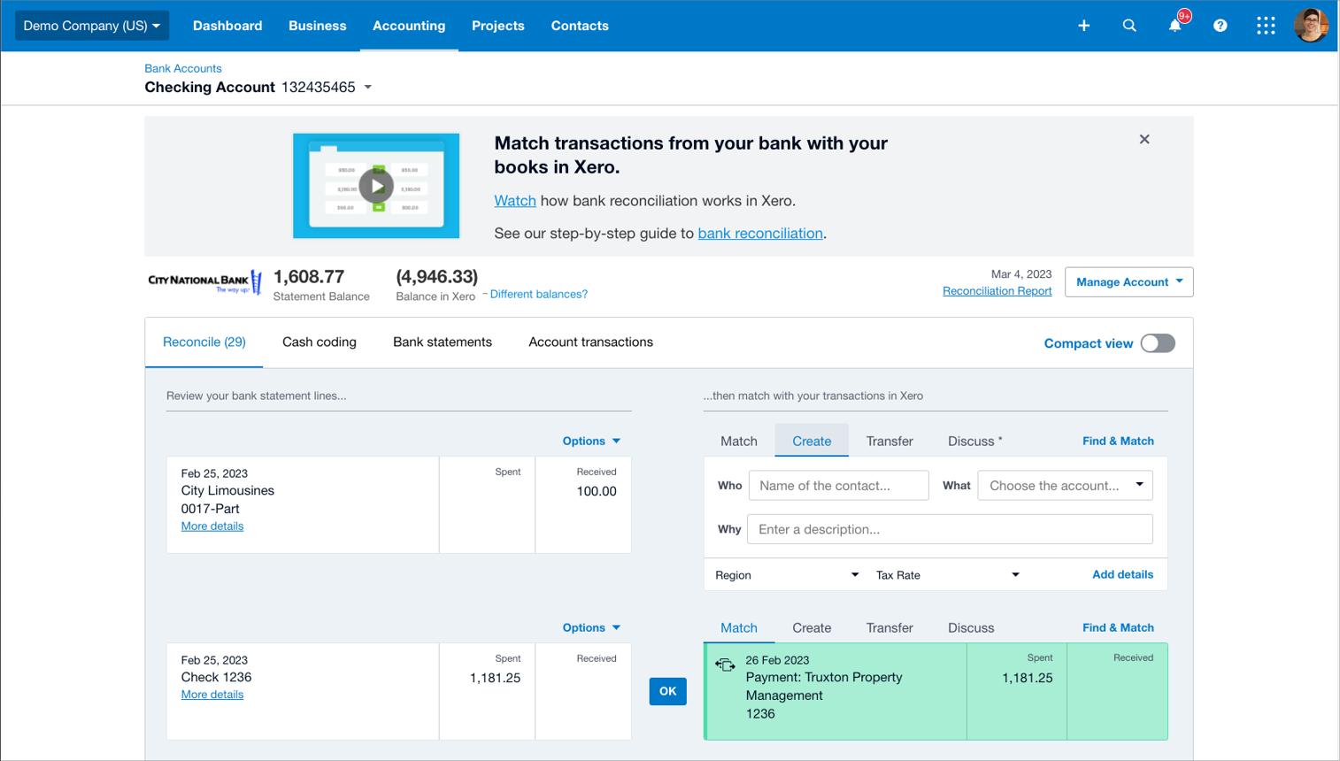 A bank reconciliation screen in Xero showing bank statement lines alongside matching transaction options for a checking account. It features statement balances, pending reconciliations, and an option to match transactions like a $1,181.25 payment.