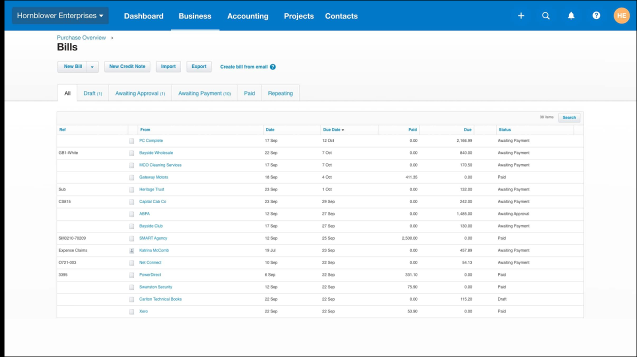 A Bills management dashboard under Purchase Overview in Xero for Hornblower Enterprises. It displays tabs for drafts, awaiting approval, awaiting payment, and paid items alongside a table listing vendor names, due dates, amounts, and payment statuses.
