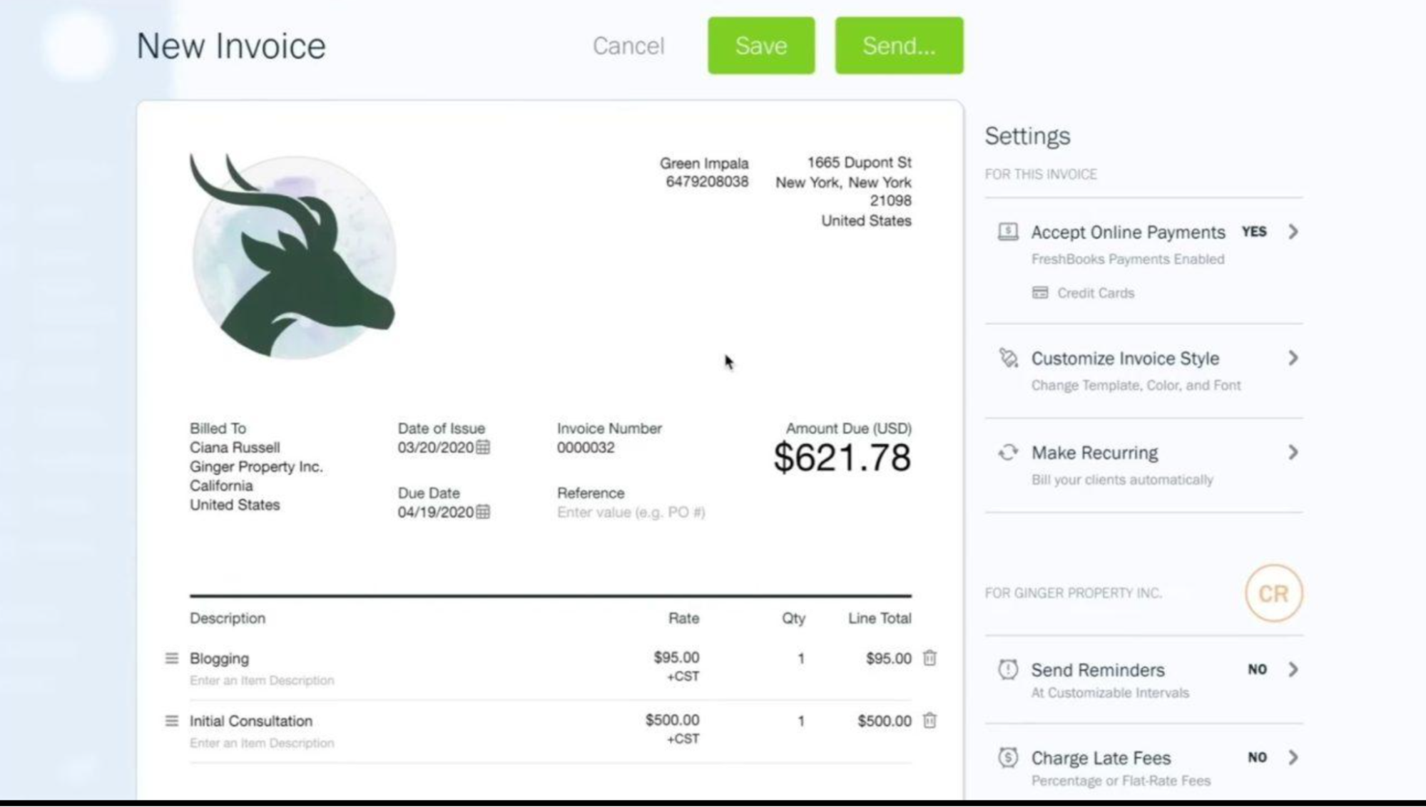 A FreshBooks "New Invoice" creation screen featuring a company logo, billed client Ciana Russell, and line items for blogging and consultation totaling $621.78. Side settings options allow toggling online payments, recurring billing, and late fees.