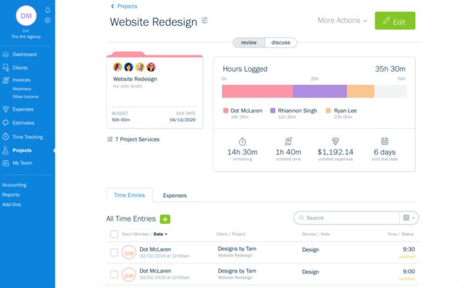 A project management dashboard in FreshBooks for a "Website Redesign" project. It displays 35 hours and 30 minutes logged across team members, budget metrics, unbilled expenses, and detailed time entry logs below. 