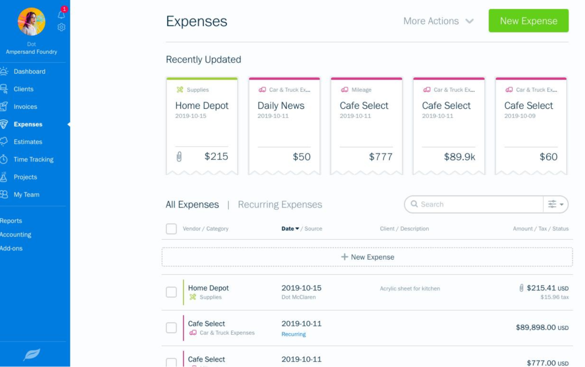 An Expenses management screen in FreshBooks featuring receipt-style cards for recently updated purchases at Home Depot, Daily News, and Cafe Select. Below, an "All Expenses" table lists vendors, dates, item descriptions, and total dollar amounts. 