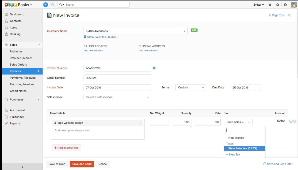 A "New Invoice" creation screen in Zoho Books for customer CARS Americana, numbered INV-000152. The form details a line item for a 3-page website design with tax options selected, along with options to save or send. 
