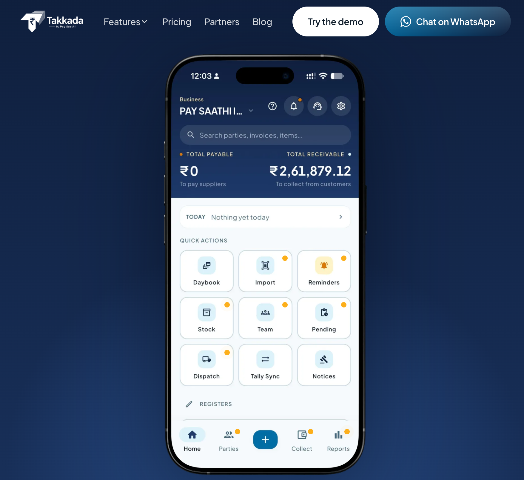 A smartphone displaying the Takkada mobile app interface set against a dark blue web background. The app shows business financial totals for payables and receivables alongside quick action grid buttons for Daybook, Stock, Reminders, and Tally Sync. 
