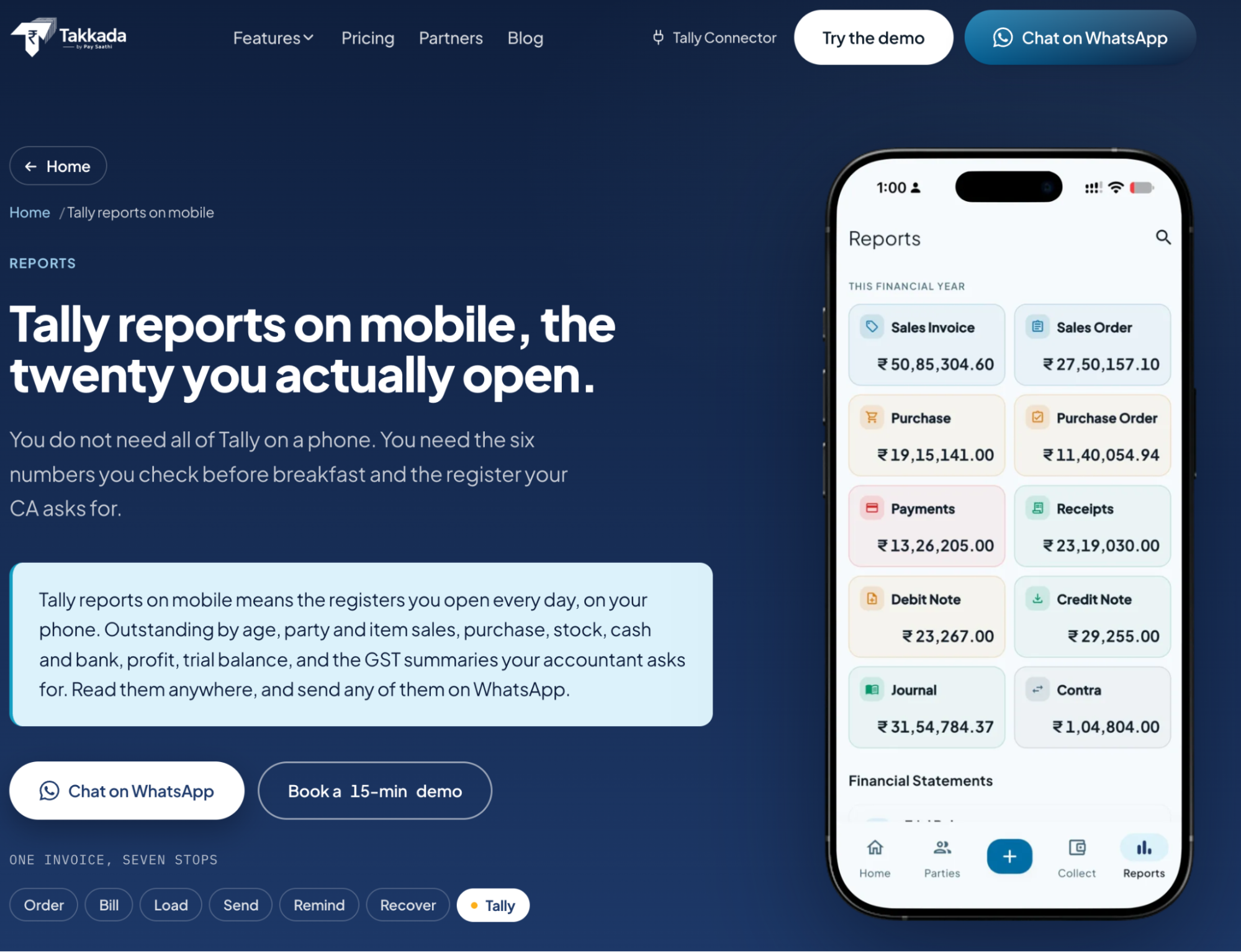 A promotional web page for Takkada showcasing "Outstanding receivables on mobile, party by party" alongside descriptive text and call-to-action buttons. On the right, a smartphone displays a list of client parties with specific due amounts in rupees. 