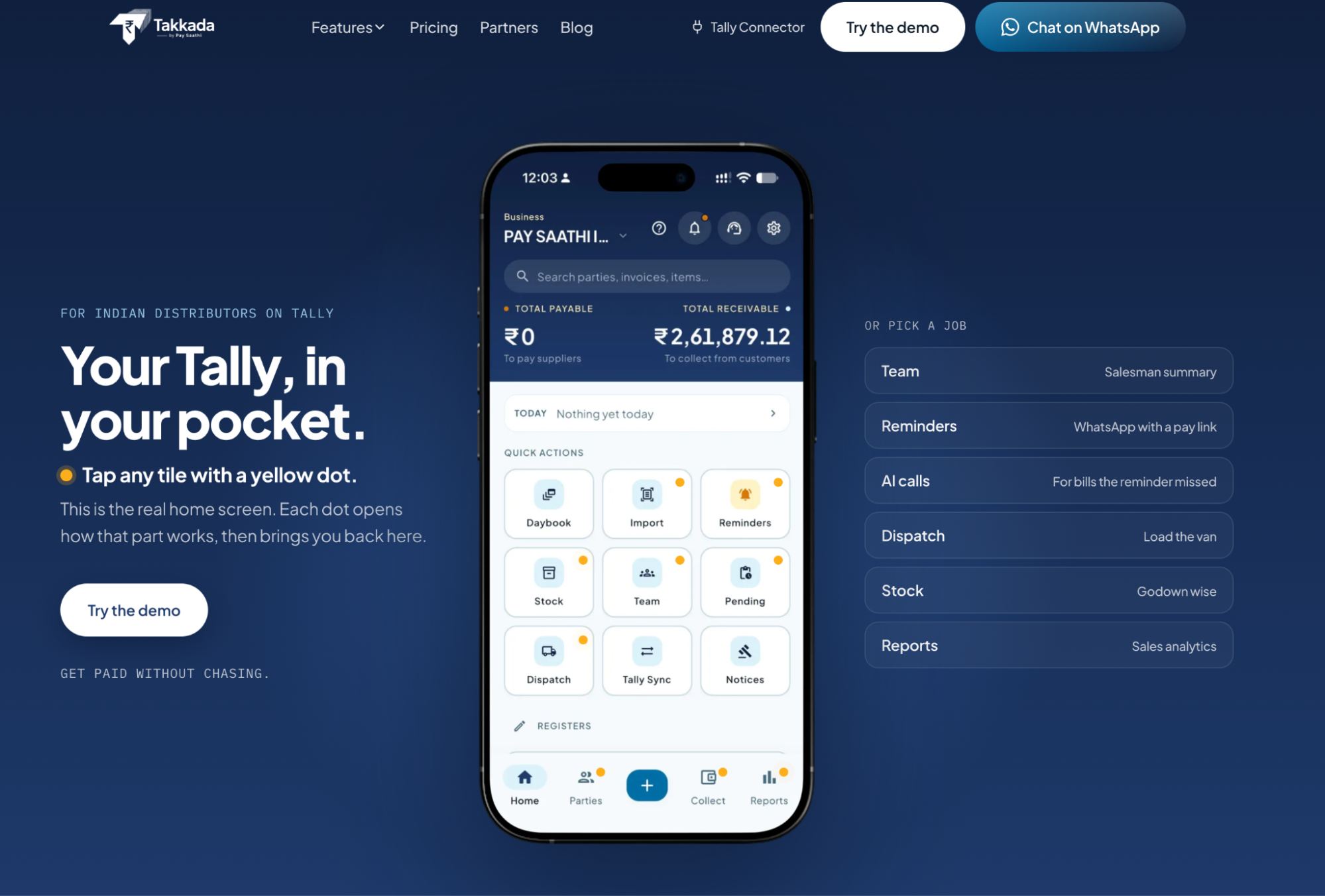 A web page for Takkada promoting "Your Tally, in your pocket" for Indian distributors. A central smartphone displays the app's home screen with quick action tiles, complemented by descriptive text on the left and feature shortcuts on the right. 